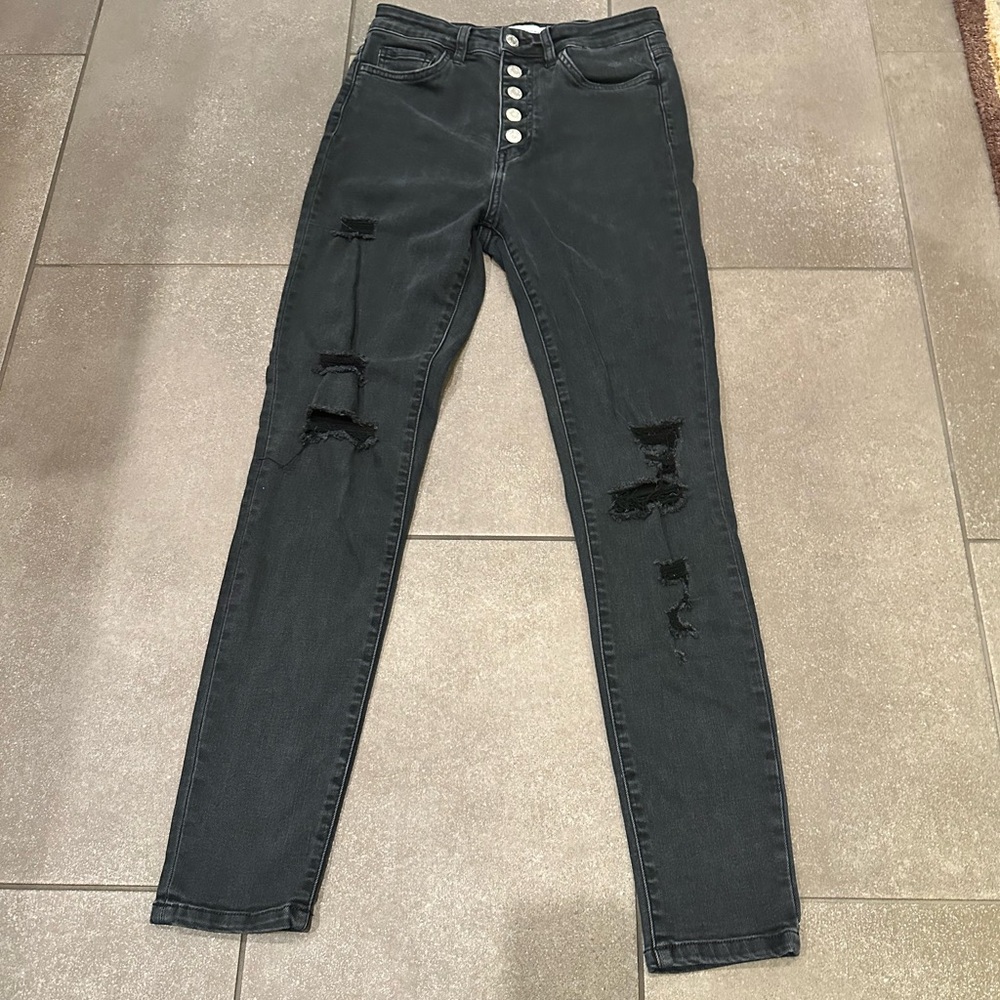 Flying Monkey Size 27 Black Faded Denim Jeans w/ Button Fly Distressed